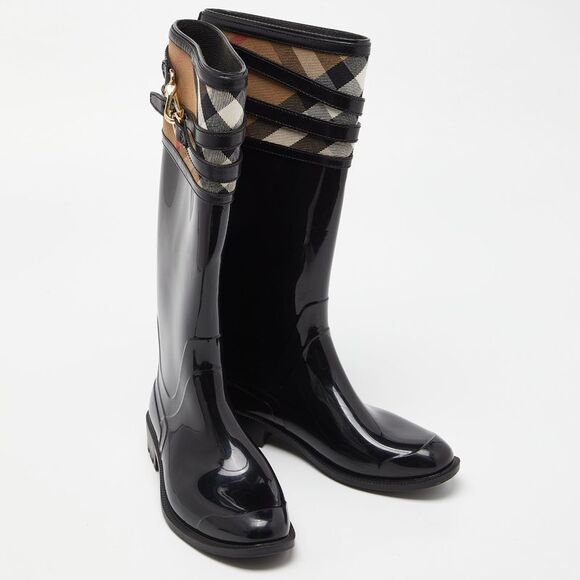 Burberry Black/Beige Patent Leather and House Check Canvas Knee Length Boots - Picture 4 of 4